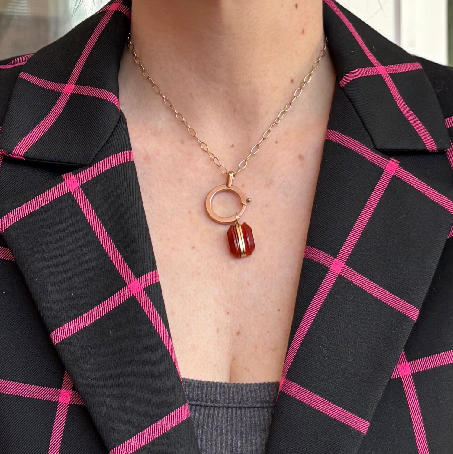 Ember Line | 14k Carnelian Geometric Pendant, 3/4”, c. Vintage, 1970s