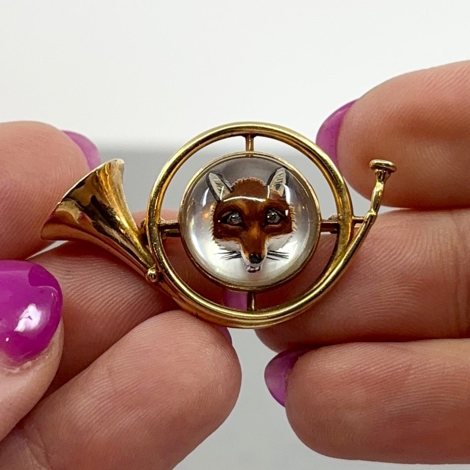 Full Cry | 14k Essex Crystal Fox Hunting Horn Brooch (Interwar Period)