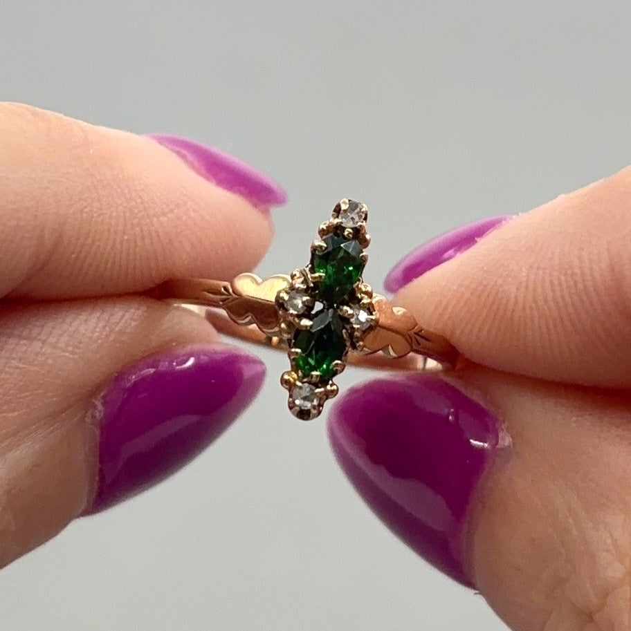 Greenlight Darling | 10K Gold Victorian Revival Ring with Tsavorite & Rough Cut Diamonds (Size 6)