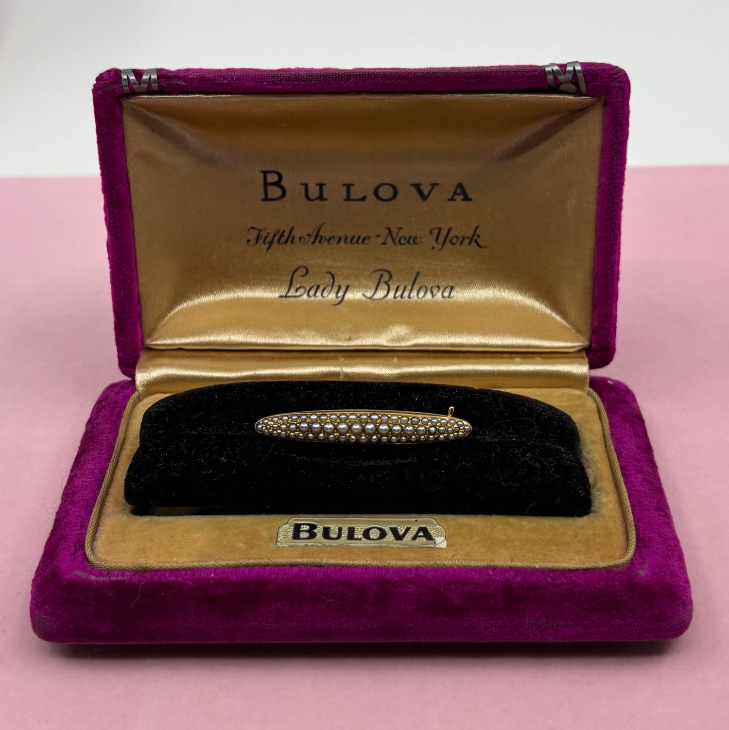 Pearl Point | 14k Gold Seed Pearl Bar Brooch, Edwardian–Art Deco