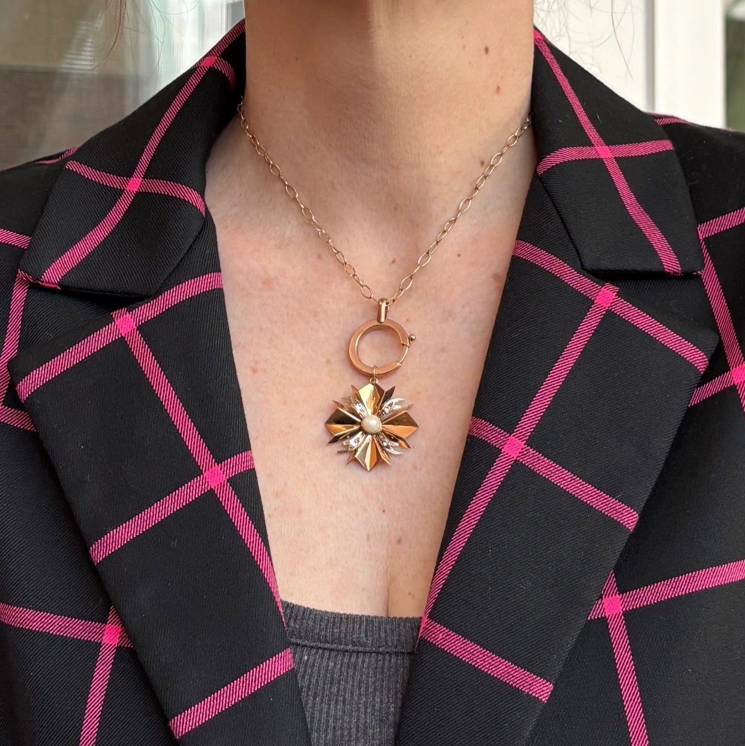 Aurora Vector | 14K Rose and White Gold Starburst Pendant (Midcentury, 1¼ in)