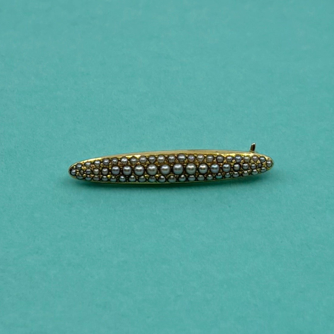 Pearl Point | 14k Gold Seed Pearl Bar Brooch, Edwardian–Art Deco