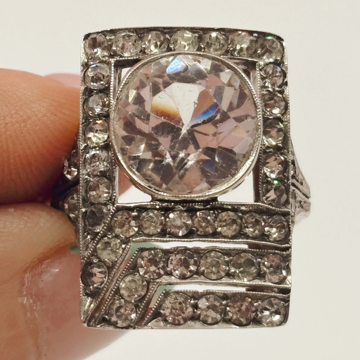 La Rectangle | French Platinum & 18K Bold Paste Cocktail Ring (Size 8.5, Midcentury)