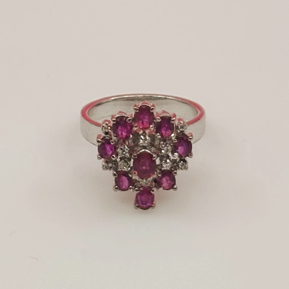 Femme Électrique  | 14K White Gold Cluster Ring with Rubies & Diamonds (Size 6, 1960s–70s)