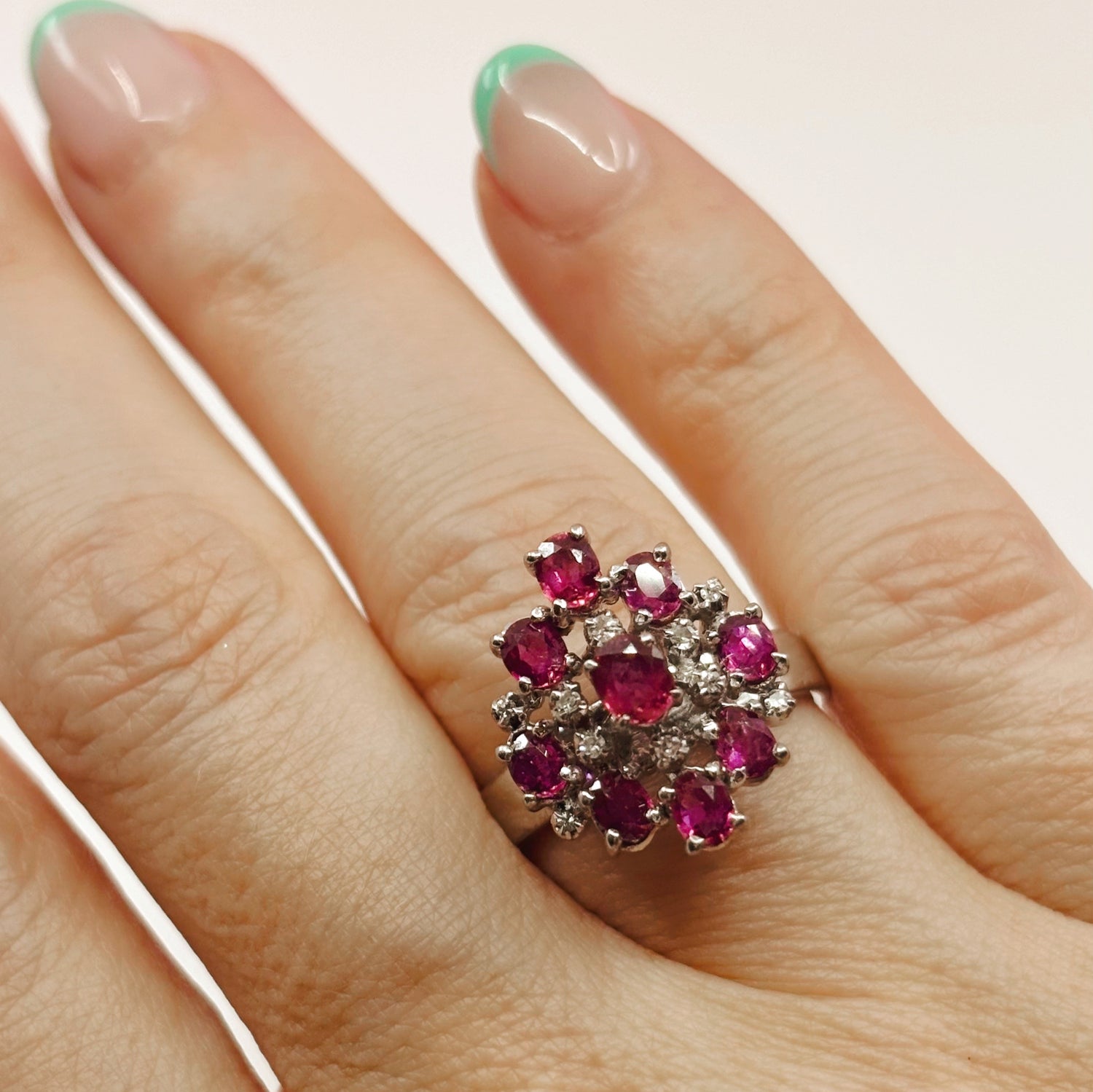 Femme Électrique  | 14K White Gold Cluster Ring with Rubies & Diamonds (Size 6, 1960s–70s)