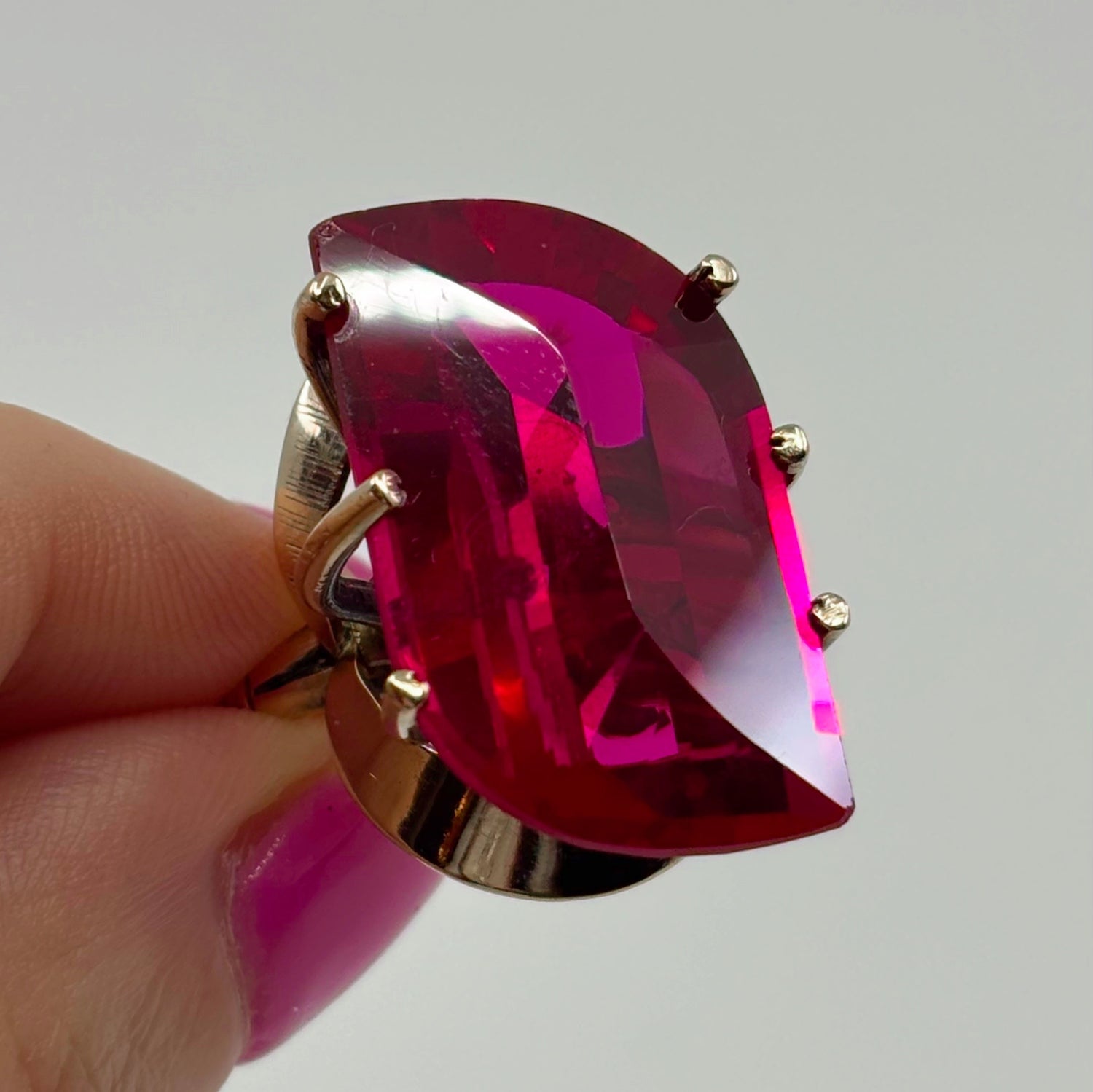 The Riot Ruby Ring | 14K Gold Oversized Cocktail Ring with Synthetic Ruby (Size 7.5, 1950s)