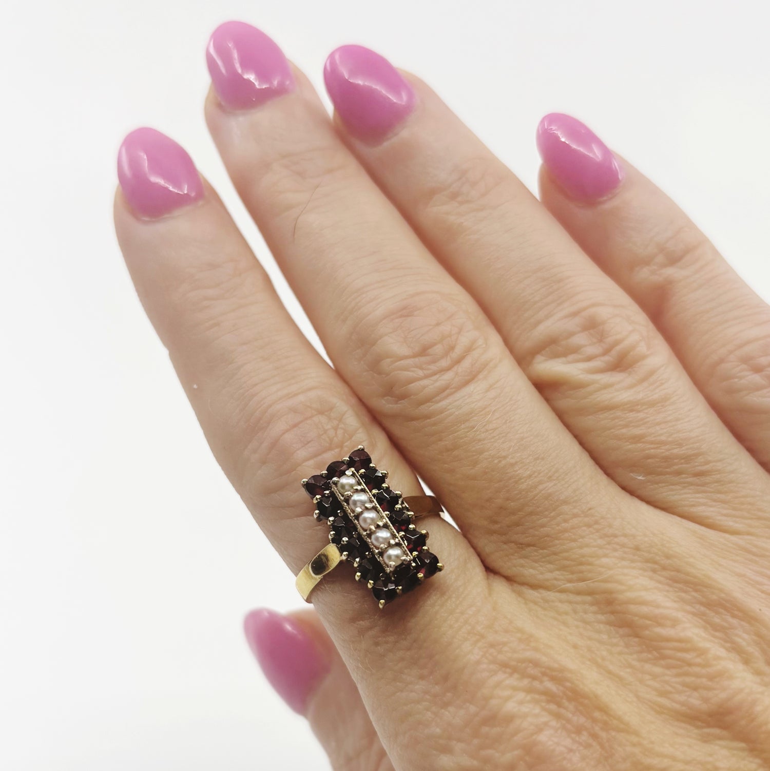 Proof of Lineage | Garnet & Pearl Vermeil Ring (French Victorian, Size 6.75)