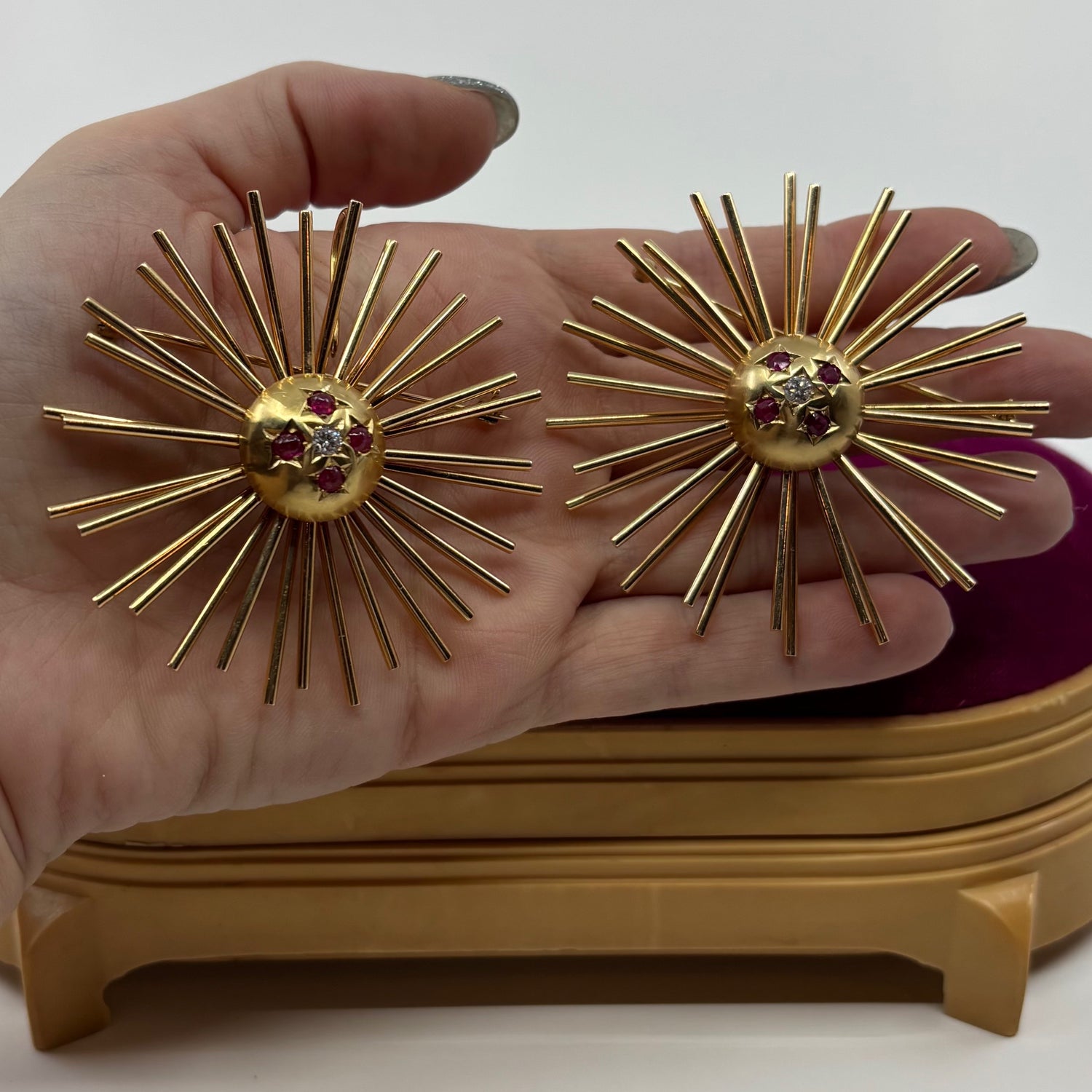 After You | Pair of Retro 14K Gold Ruby & Diamond Starburst Brooch Pendants