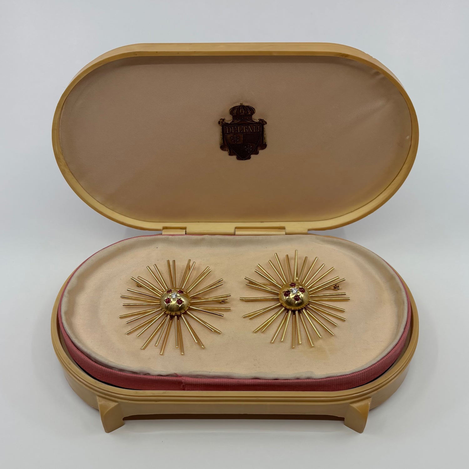 After You | Pair of Retro 14K Gold Ruby & Diamond Starburst Brooch Pendants