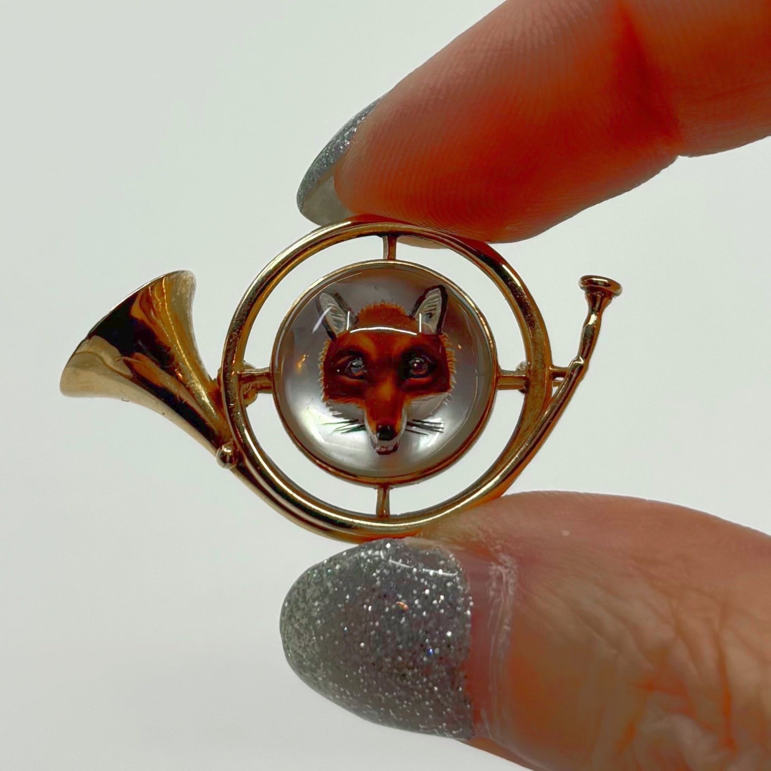 Full Cry | 14k Essex Crystal Fox Hunting Horn Brooch (Interwar Period)
