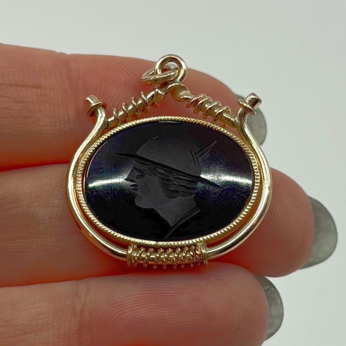 No Fixed Address | Antique Gold Filled Onyx Mercury Intaglio Watch Fob Pendant (Edwardian)