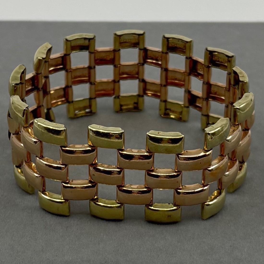 Shadow Weave | 12K Gold Filled Two Tone Woven Hinge Bracelet (Midcentury, 7 1/2”)