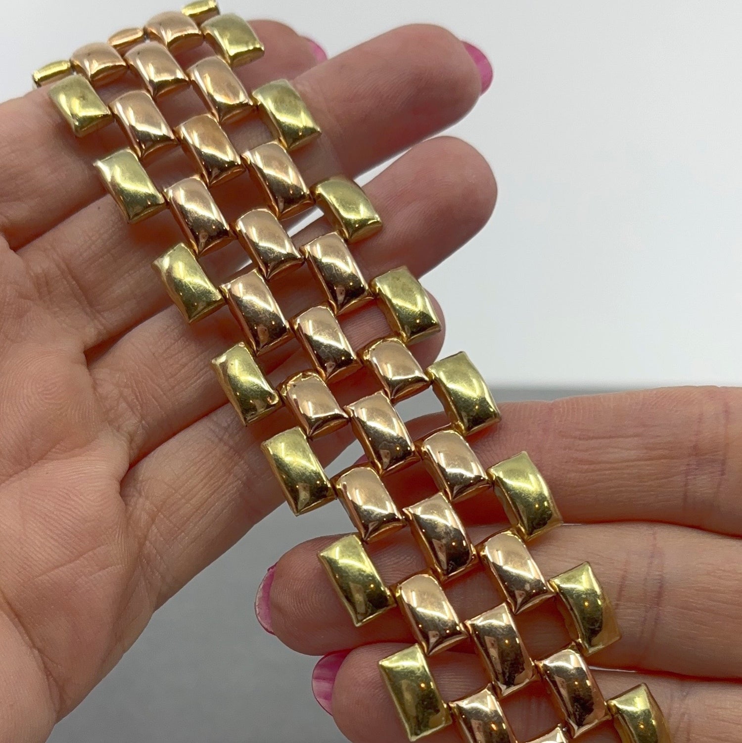 Shadow Weave | 12K Gold Filled Two Tone Woven Hinge Bracelet (Midcentury, 7 1/2”)