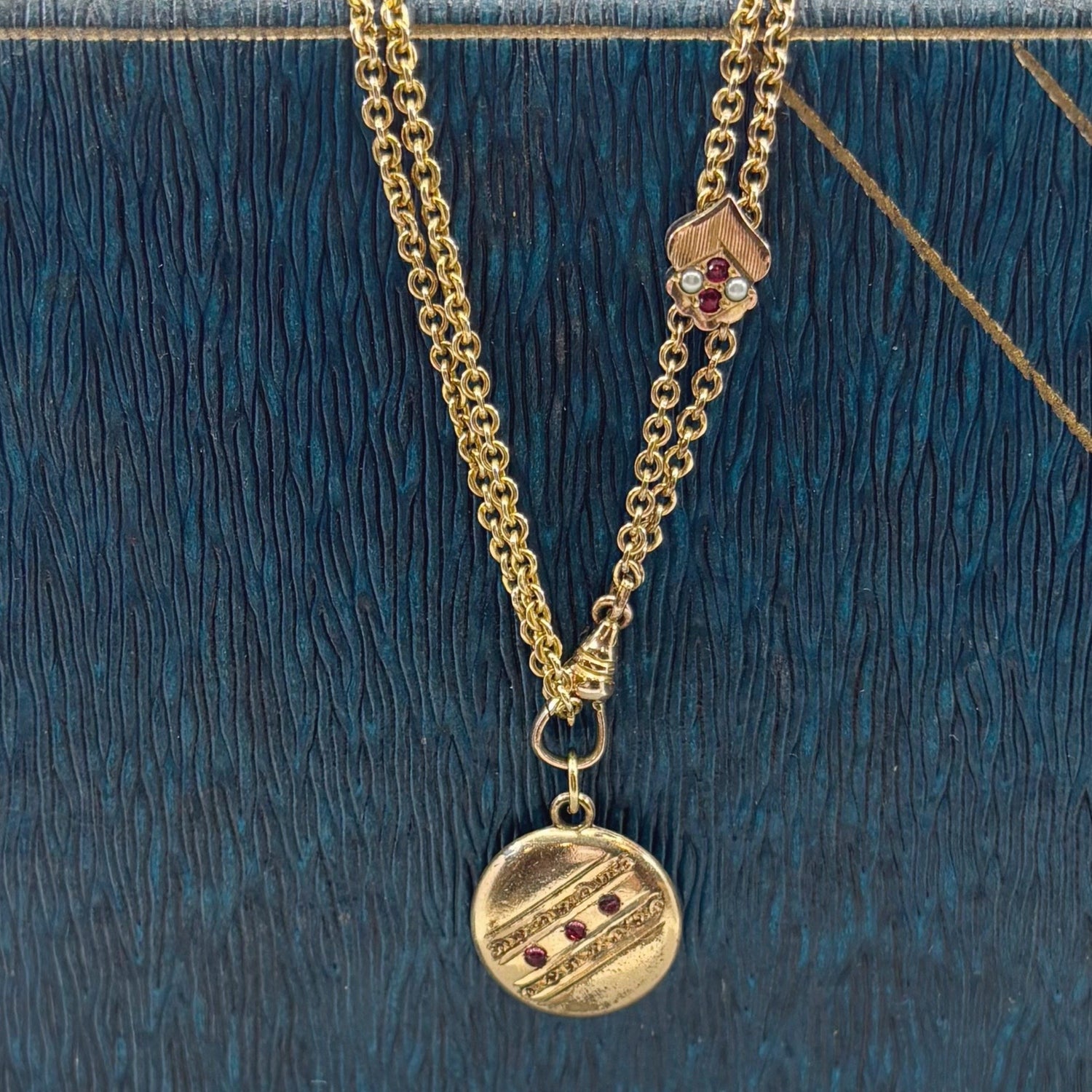 In Rotation | Gold Filled Dog Clip Watch Chain with Slider and Round Medallion Charm (Retro, 1940s)