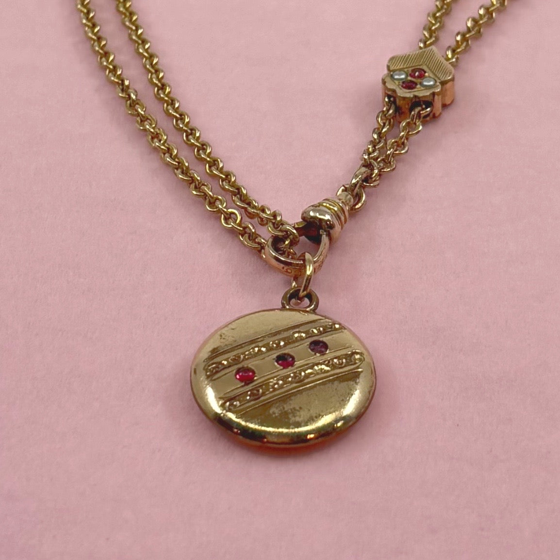 In Rotation | Gold Filled Dog Clip Watch Chain with Slider and Round Medallion Charm (Retro, 1940s)