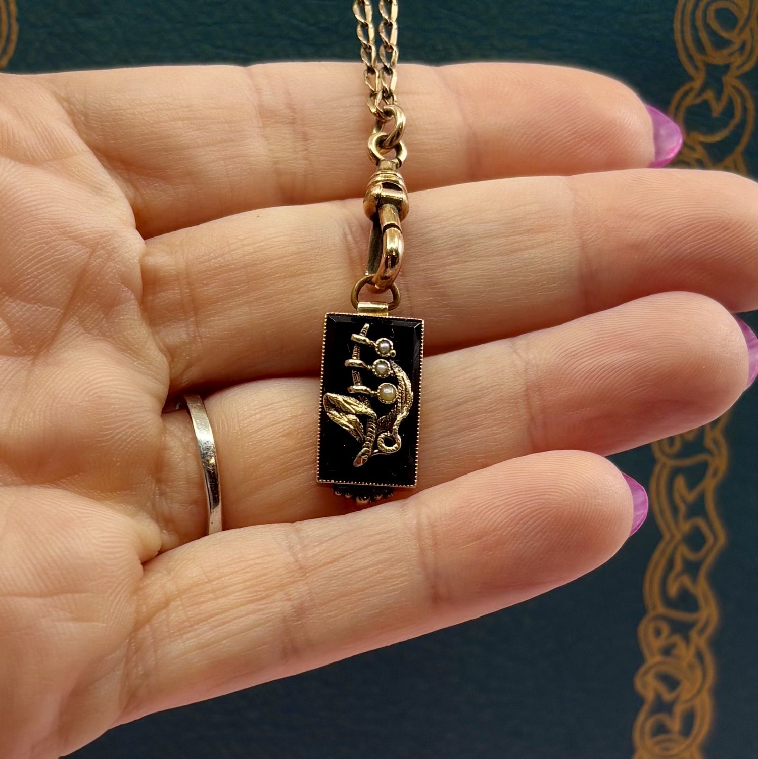 Midnight Glyph | 14k Victorian Revival Onyx & Seed Pearl Charm (Midcentury)