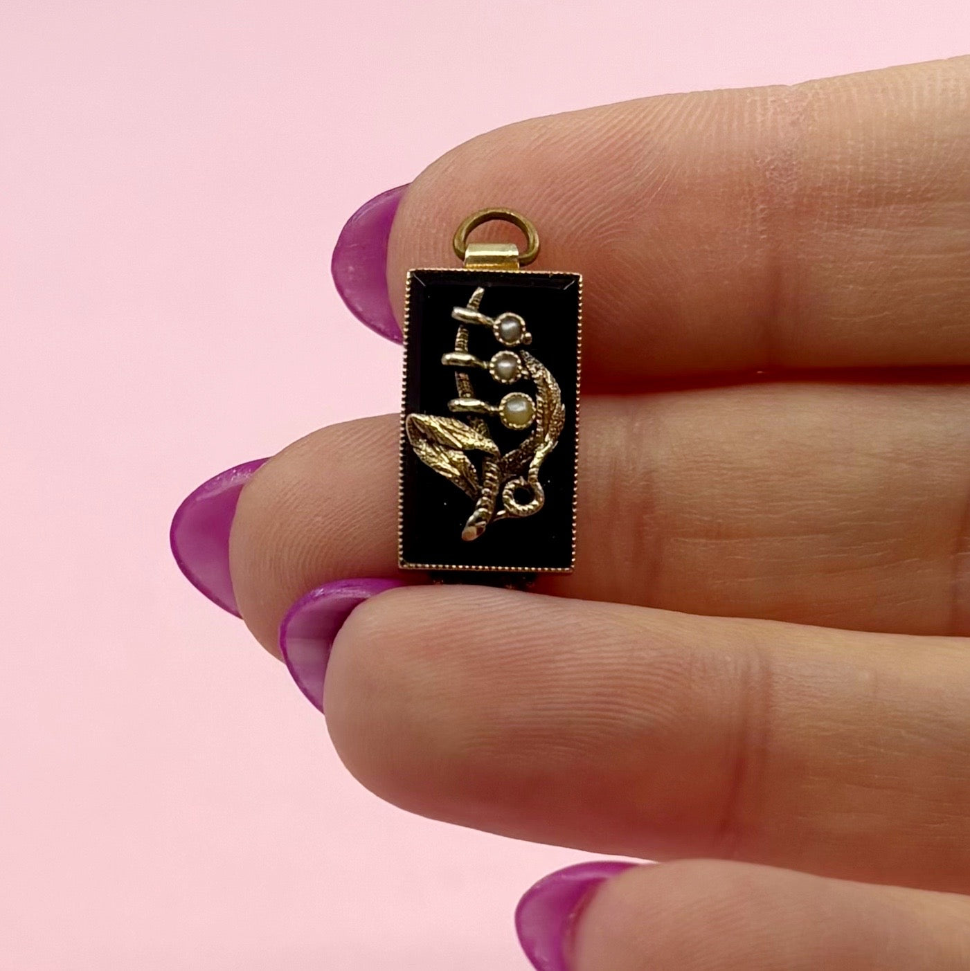 Midnight Glyph | 14k Victorian Revival Onyx & Seed Pearl Charm (Midcentury)