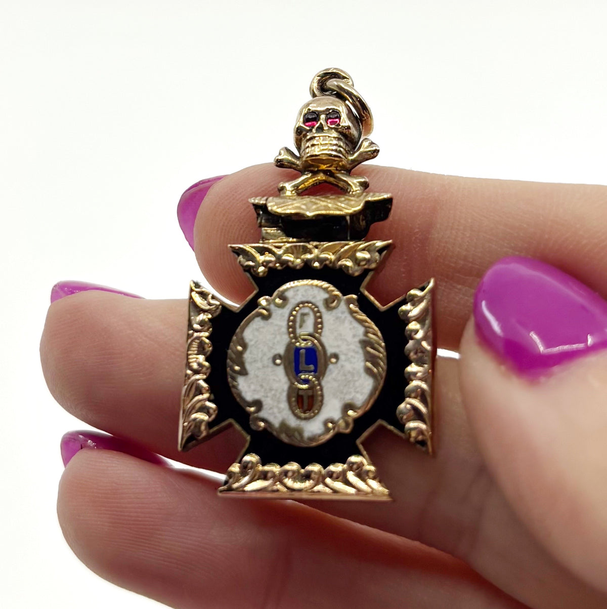 Until Death | Antique Odd Fellows Gold-Filled & Enamel Articulated Skull Watch Fob, c. 1900–1920