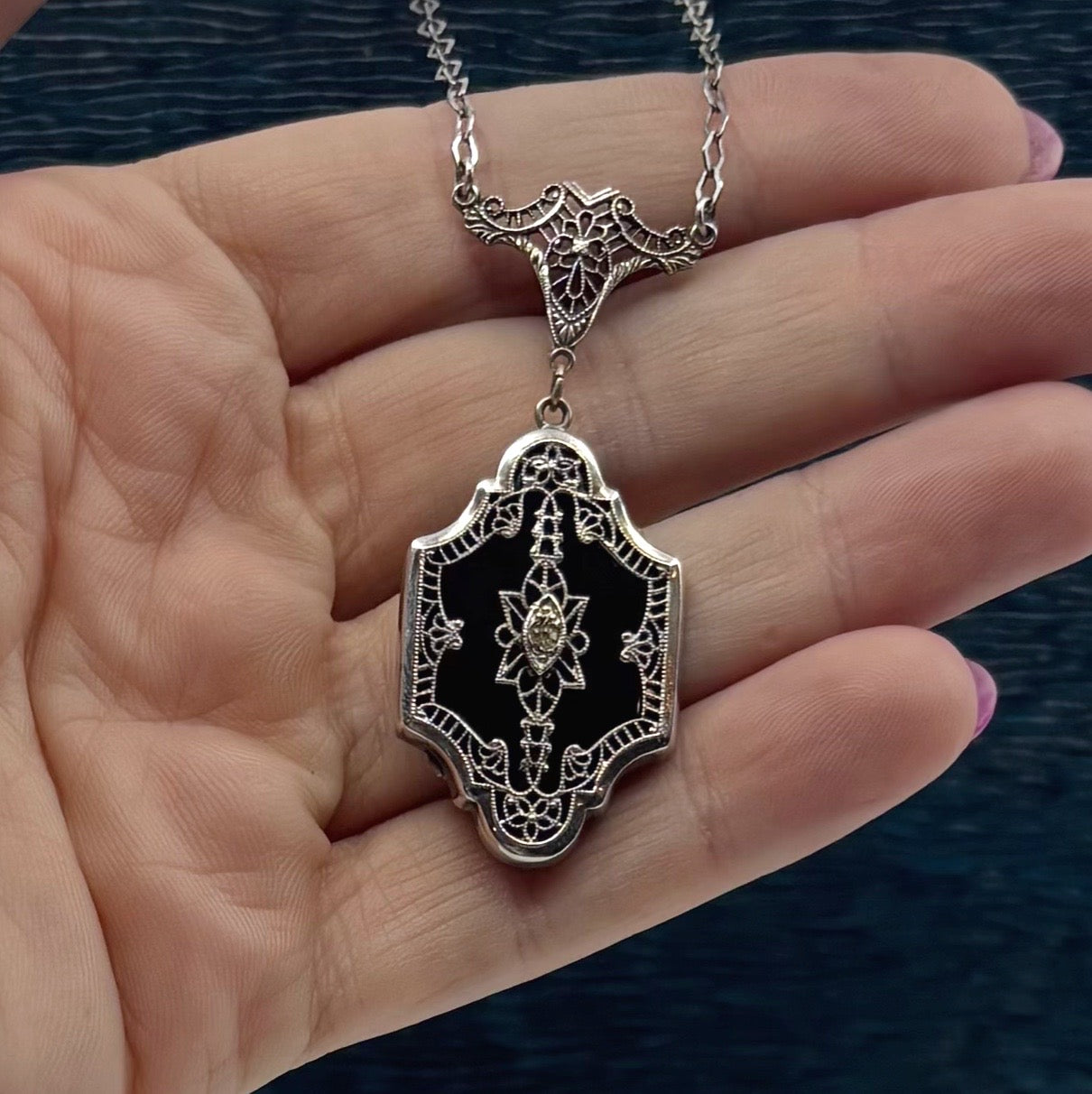 Nocturne | Art Deco Sterling, Onyx & Filigree Necklace (c. 1920s–30s)