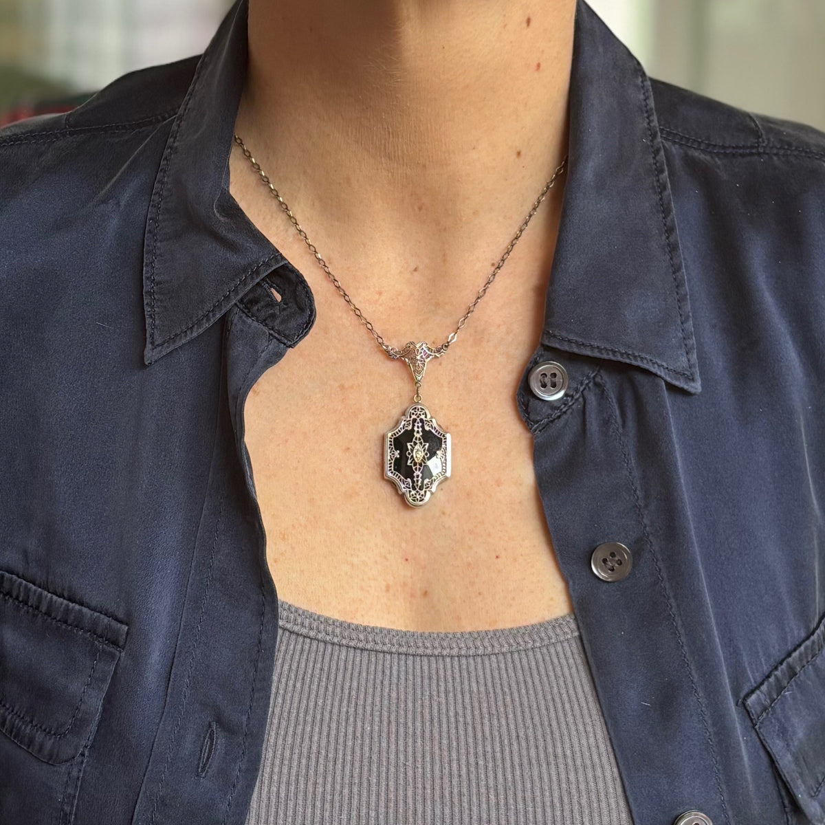 Nocturne | Art Deco Sterling, Onyx & Filigree Necklace (c. 1920s–30s)